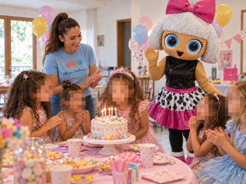 Attività della festa LOL Candy Party con animatrice e volti dei bambini pixelati — immagine illustrativa