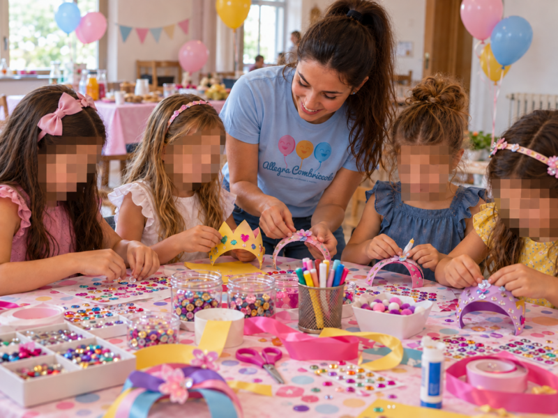Attività della festa LOL Candy Party con animatrice e volti dei bambini pixelati — immagine illustrativa