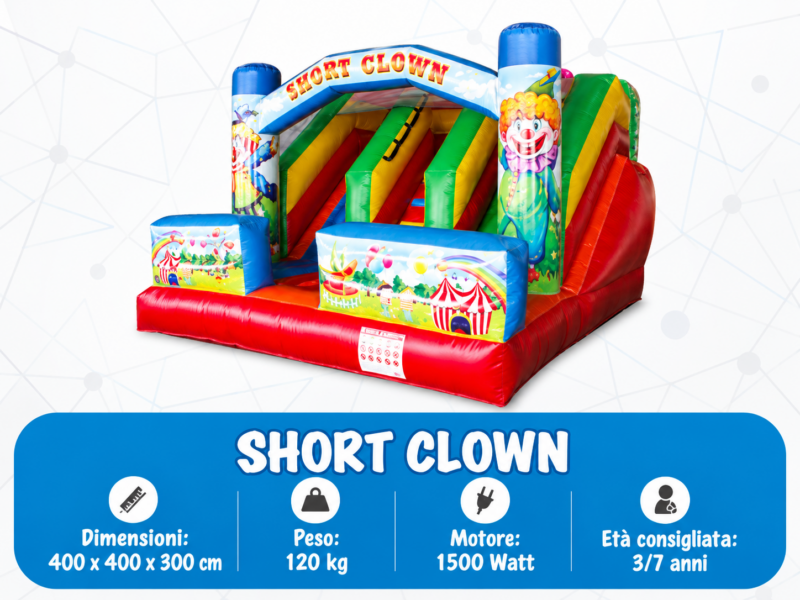 Short Clown – noleggio gonfiabile Gonfiabile Short Clown con scivolo e scheda tecnica – Allegra Combriccola